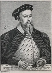 Moritz von Sachsen (1521-1553). Herzog (1541-47) und später Kurfürst (1547-53) von Sachsen. Protestant seit 1539. Porträt nach einem Gemälde von Lucas Cranach. (Stich)