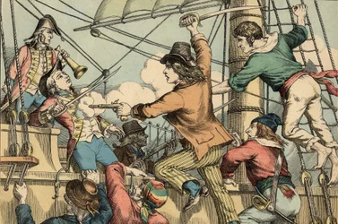 Robert Surcouf, französischer Seemann und Korsar, hier beim Entern des englischen Bootes "Triton" im Jahr 1796