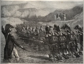 Der Krieg der Ersten Koalition - Übergang über den Tagliamento - Napoleon Bonaparte führt die französischen Truppen entlang des Tagliamento