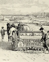 VEREINIGTES KÖNIGREICH. ENGLAND. Industrielle Revolution. Bohrmaschine erfunden von Jethro Tull. Gerste säen im Februar. Zeichnung von Gunning King, veröffentlicht in „The Illustrated London News“. Stich.