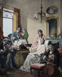 Wolfgang Amadeus Mozart (1756-1791) stirbt, dirigiert eine Musikergruppe für das Requiem, das er gerade beendet hat