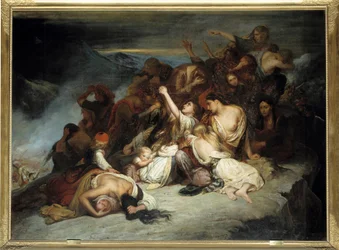 Griechischer Unabhängigkeitskrieg gegen die Türken: „Die Souliote Frauen, die ihre besiegten Ehemänner durch die Truppen von Ali, Pascha von Janina, sehen, beschlossen, sich von den Felsen zu stürzen“ Gemälde von Ary Scheffer (1795-1858) 1827
