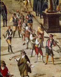 Platz des Gerichts der Vicaria in Neapel zur Zeit der Revolution von Masaniello. Kriminelle werden vor dem Eingang gerichtet - Detail, das eine Gruppe von Verurteilten zeigt, die am Hals gekettet sind - Gemälde von Ascanio Luciani (ca. 1621-1706) Neapel, M