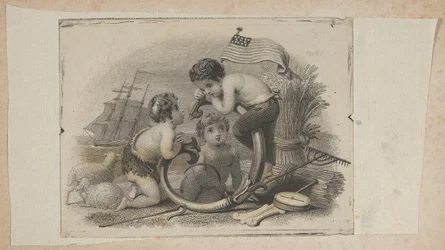 Banknotenvignette mit drei Putti als Hirte, Bauer und Seemann, ca. 1824-37
