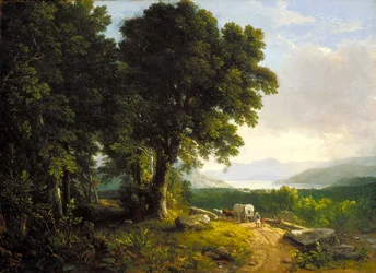 Landschaft mit bedecktem Wagen