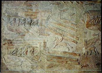 Relief, das Schiffe darstellt, die Holz transportieren, aus dem Palast von Sargon II, Khorsabad, Irak
