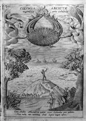 Archytas von Tarent (435-347 v. Chr.) lässt eine hölzerne Taube fliegen. Stich aus „Mundus Subterraneus“ von Athanasius Kircher (1601-1680), Jesuit, Orientalist und Gelehrter.