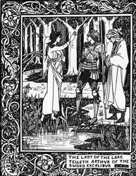 Artussage: „Die Dame vom See (Vivian Fee) lehrt Arthur die Existenz des Excalibur-Schwertes“ Gravur in „Le Morte d