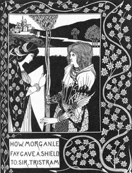 Artus-Sage: „Die Fee Morgane gibt Tristan ein Schild“ Gravur in „Die Geschichte von Tristan und seinen Abenteuern, die seine Liebesgeschichte mit Isolde umfasst“ „Le Morte d