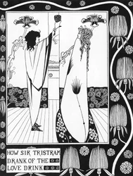 Artus-Sage: Tristan trinkt den Liebestrank Gravur in Die Geschichte von Tristan und seinen Abenteuern, die seine Liebesgeschichte mit Isolde umfasst von Sir Thomas Malory, Ausgabe illustriert von Aubrey Beardsley (1872-1898) 1893-1894