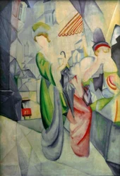 Helle Frauen vor dem Hutladen