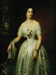 Porträt einer Dame, stehend, Dreiviertellänge, in einem weißen Kleid, 1851 und 1876