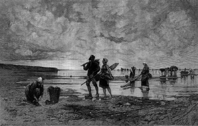 Große Flut im Ärmelkanal (19. Jahrhundert): Muschelfischer am Strand. Gravur nach dem Gemälde von Hagborg Auguste Wilhem Nikolaus in Le Monde Illustré Nr. 1219 vom 7. August