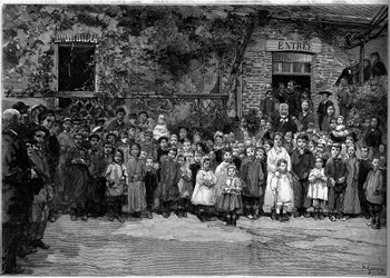 Victor Hugo (1802-1885) mit den armen Kindern von Veules-en-Caux, denen er am 24. September 1882 ein Bankett anbot. Gravur von Gerardin in "Le Monde Illustré" Nr. 1333 vom 14. Oktober 1882.