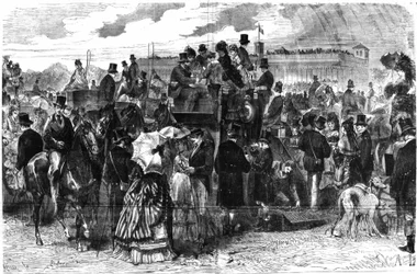 Die Longchamps-Rennen: Le Grand Prix de Paris, - in „Le Figaro“, illustriertes Supplement vom Sonntag, 6. Juni 1875, Zeichnung von Lancon.