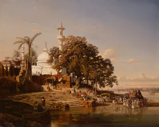 Eine indische Moschee an einem Fluss mit Pilgern und einem Elefanten