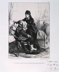 Eine Frau füttert einen verwundeten Soldaten mit Suppe, Belagerung von Paris, Deutsch-Französischer Krieg, 1870-1871