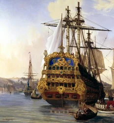 Das Schiff „Le Foudroyant“ auf der Reede von Brest im Jahr 1724. Detail. 1724, Brest, Musée des Beaux-Arts