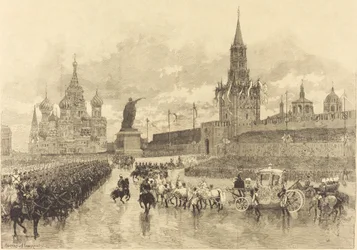 Die Krönung des Zaren. Der kaiserliche Festzug überquert den Königlichen Platz, 1883.