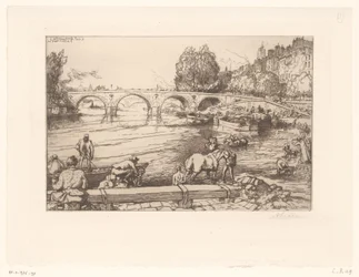 Blick auf die Pont Marie mit Figuren in der Seine