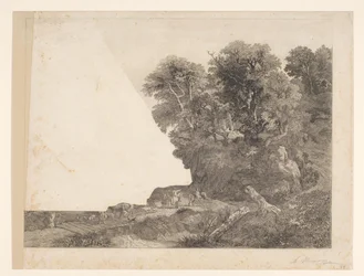 Landschaft mit Tieren und Figuren auf einem Weg entlang eines Flusses