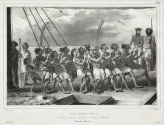 Baie Houa-Houa, Eingeborene führen einen Haka an Bord der Astrolabe aus (Neuseeland)