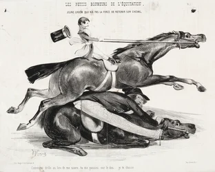 Die kleinen Freuden des Reitens: Junger Stallbursche, der nicht die Kraft hat, sein Pferd zu halten