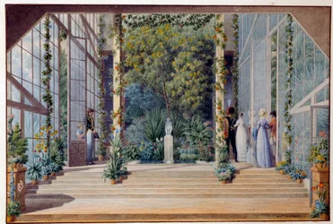 Ein Besuch im Warmhaus des Schlosses Malmaison, 1823. Maße: 0,16 x 0,24 m. Malmaison, Musée du Château