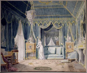 Boudoir der Königin Hortense de Beauharnais (1783-1837) im Jahr 1811. Aquarell von Auguste Garneray (1785-1824). Private Sammlung
