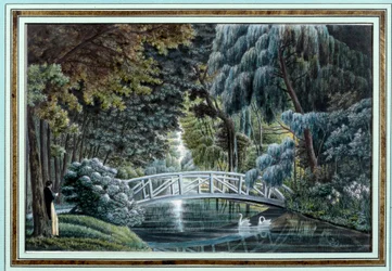 Ansicht der Holzbrücke über den Fluss links vom Schloss Malmaison