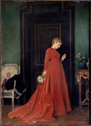 Die Ankunft. Eine elegant gekleidete Frau in einem roten Kleid bereitet sich darauf vor, an eine Tür zu klopfen. Sie hält einen Blumenstrauß und ihr Gesicht drückt eine Mischung aus Ungeduld, Neugier und Zweifel aus. Gemälde von Auguste Toulmouche (1829-18