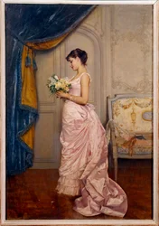 Süßer Brief. Eine junge Frau liest einen Liebesbrief von einem Verehrer mit einem Blumenstrauß. (1829-1890), 1883, 0,66 x 0,45 m, Nantes, Musée des Beaux-Arts