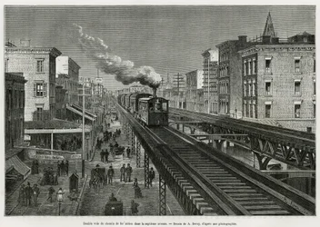 Doppelspur der Airline Railway auf der Seventh Avenue, New York, New York. Edouard de Laveleye, 1878-1879, veröffentlicht in Le tour du monde, unter der Leitung von Edouard Charton (1807-1890)