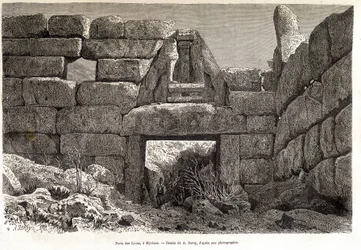 Löwentor in Mykene - Zeichnung von A. Deroy, in „Rund um die Welt“ 1877 2. Semester