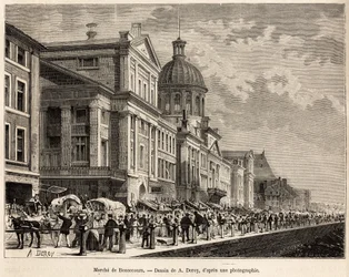 Der Markt von Bonsecours, ein touristisches und kulturelles Zentrum von Montreal, graviert nach einer Zeichnung von A. Deroy, zur Illustration des Ausflugs nach Kanada und zum Roten Fluss des Nordens, von H. De Lamotte, 1873, veröffentlicht in „Le tour du 