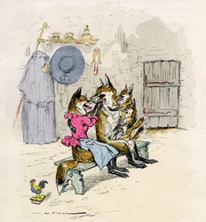 Illustration von A. Vimar für den Roman de Renart (Roman des Fuchses), Ausgabe Henri Laurens 19. Jahrhundert - Goupil und Hermeline der Fuchs, seine Frau, zu Hause, mit ihren Kindern, den kleinen Füchsen -