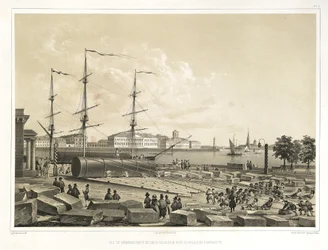 Entladen von zwei Säulen an der Admiralität Aus: Der Bau der Isaakskathedrale, 1845