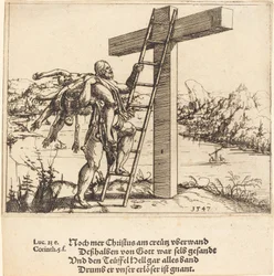 Christus steigt mit Sünde, Tod und Teufel auf das Kreuz