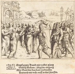 David wird nach dem Töten von Goliath begrüßt, und Sauls Eifersucht, 1547