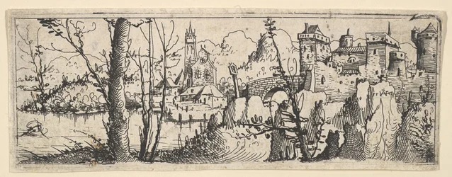 Landschaft mit Festung und Kirche an einem Fluss, 1545