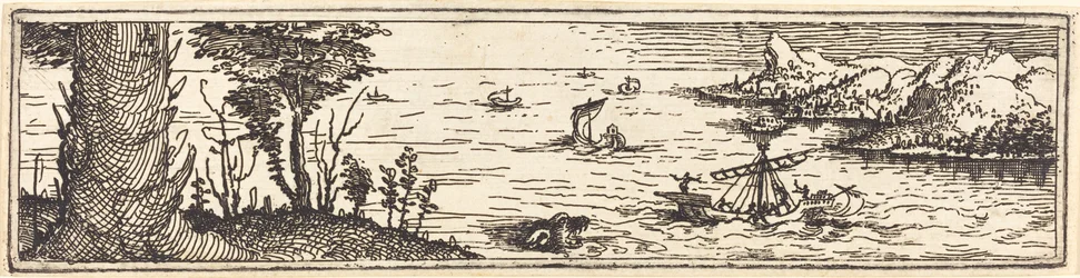 Landschaft mit einem See und Segelschiffen