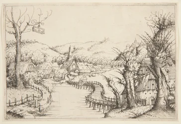Landschaft mit einer gewundenen Holzbrücke