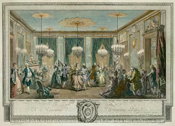 Der Abendkleidball im Haus von Monsieur Villemorien Fila, graviert von L. Provost (kolorierte Gravur)