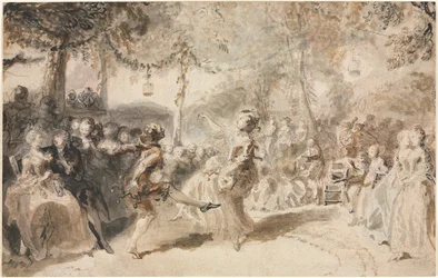 Kostümierte Tänzer in einem Gartentaverne, 1756