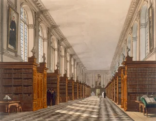 Innenansicht der Trinity College Bibliothek, Cambridge, aus The History of Cambridge, graviert von Daniel Havell, veröffentlicht von R. Ackermann, 1815