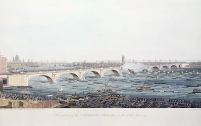 Die Eröffnung der Waterloo-Brücke am 18. Juni 1817, radiert von A. Pugin nach einer Zeichnung von W. Findlater, graviert von R. Havell und Sohn, 1818