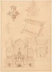 Entwürfe für gotische Ornamentik, ein Kniekissen und zwei Skizzen der Innenräume gotischer Kirchen