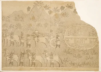Streitwagen und Begleiter von Sanherib und eine Burg auf einem Berg (Kouyunjik), aus Denkmäler von Ninive, veröffentlicht 1849