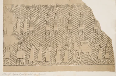 Detail von Gefangenen und einem Teil der ummauerten Stadt (Kouyunjik), Illustration aus Denkmäler von Ninive, 1858