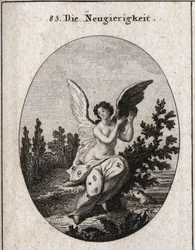 Allegorie der Neugier, dargestellt mit einem Tuch, das mit Ohren und Augen übersät ist. Die Flügel erhoben. Gravur in „Iconologie oder Ideen aus dem Gebiete der Leidenschaften und Allegorien bildlich dargestellt für Zeichner, Maler, Dichter, Gelehrte, Erzi